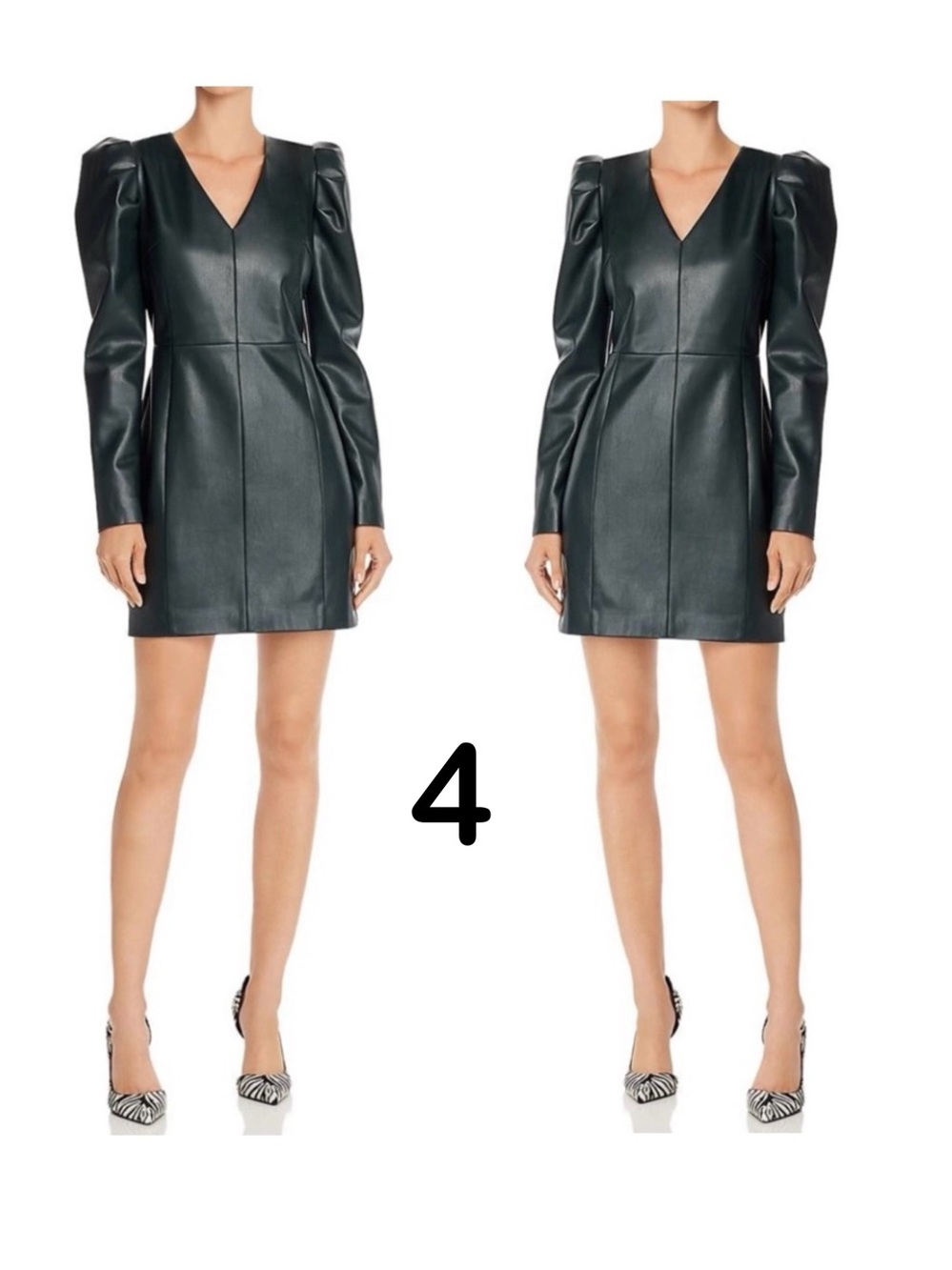 NWT green leather vegan mini dark hunter green dress puff long sleeves V neck 4